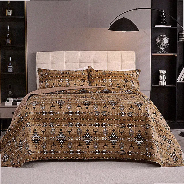 3 Pcs Boho Colorful Polyester Quilt Set, Geometry Printed Bedspread Coverlet Set
