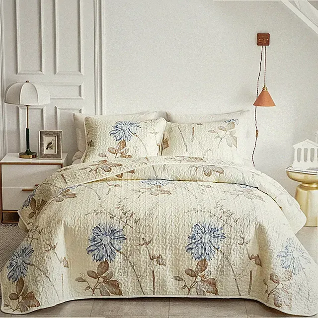 3 Pieces Microfiber Quilt Set, Elegant Flower Botanical Reversible Design, Bedsp