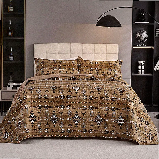 3Pcs Boho Colorful Polyester Quilt Set Geometry Printed Bedspread Coverlet Soft