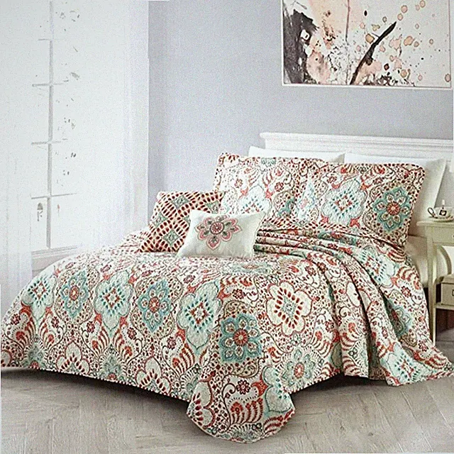 Bennington Damask 5-Piece Floral Printed Reversible Bedspread Set – Lightweight