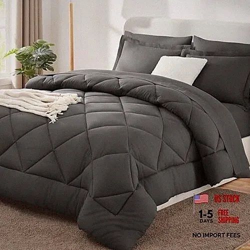 Comforter Set - Bed in a Bag Size 7 Pieces, Luxury Soft Bed Queen Dark Grey