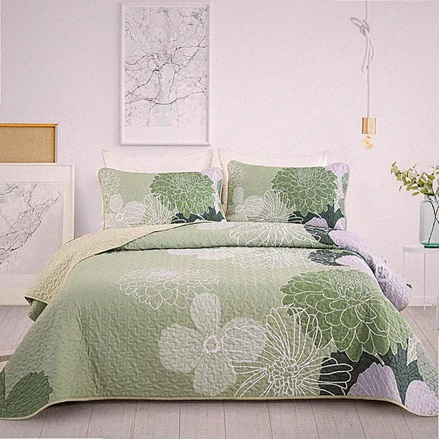 Floral Quilt Set King Size Sage Green Botanical Bedspreads Bedding Set 3 Pieces