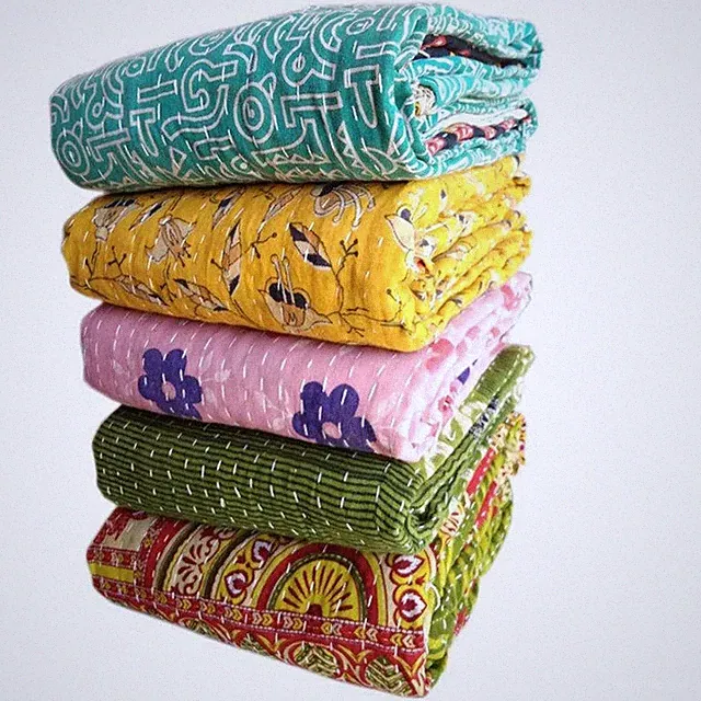 Lots of 10 PC Throw Blanket Kantha Quilt Vintage Reversible Cotton Bedspreads