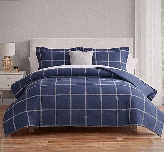 Mainstays 10 Piece Bed in a Bag Comforter Set Full, Navy Windowpane