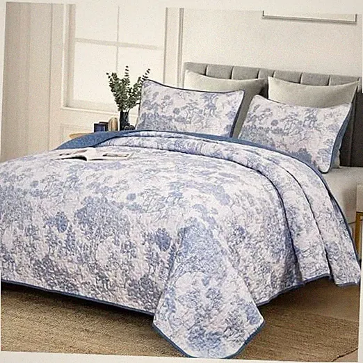 Quilt Set Size, 3 Pieces Botanical Bedspreads Set Lightweight King Blue